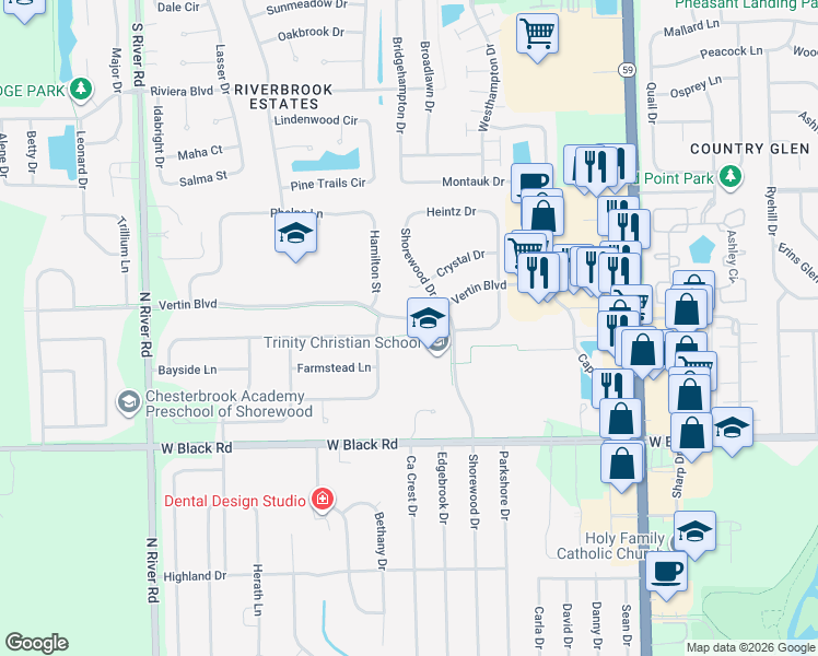 map of restaurants, bars, coffee shops, grocery stores, and more near 807 Vertin Boulevard in Shorewood