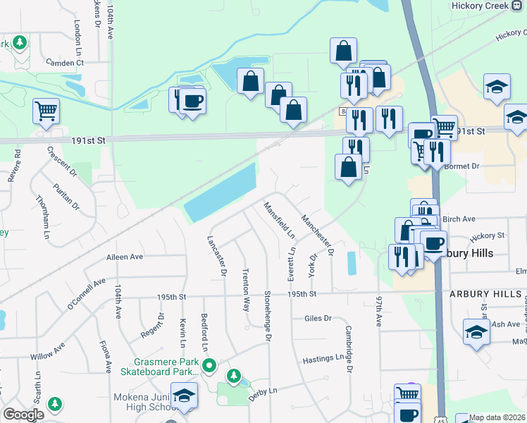 map of restaurants, bars, coffee shops, grocery stores, and more near 19248 Mansfield Lane in Mokena