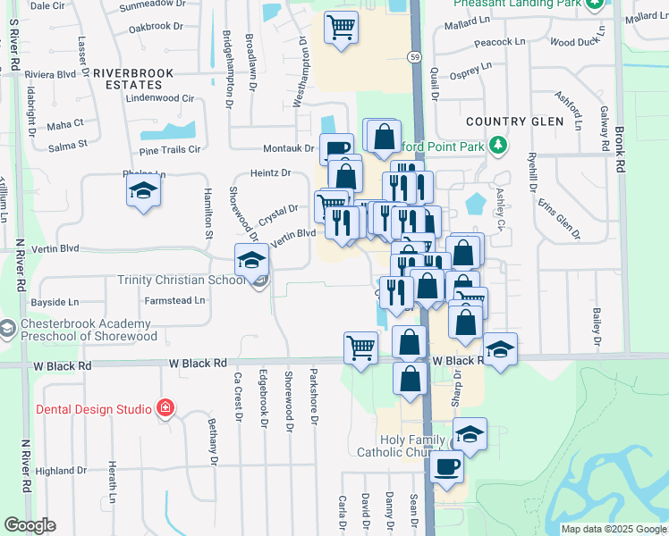 map of restaurants, bars, coffee shops, grocery stores, and more near 319 Vertin Boulevard in Shorewood
