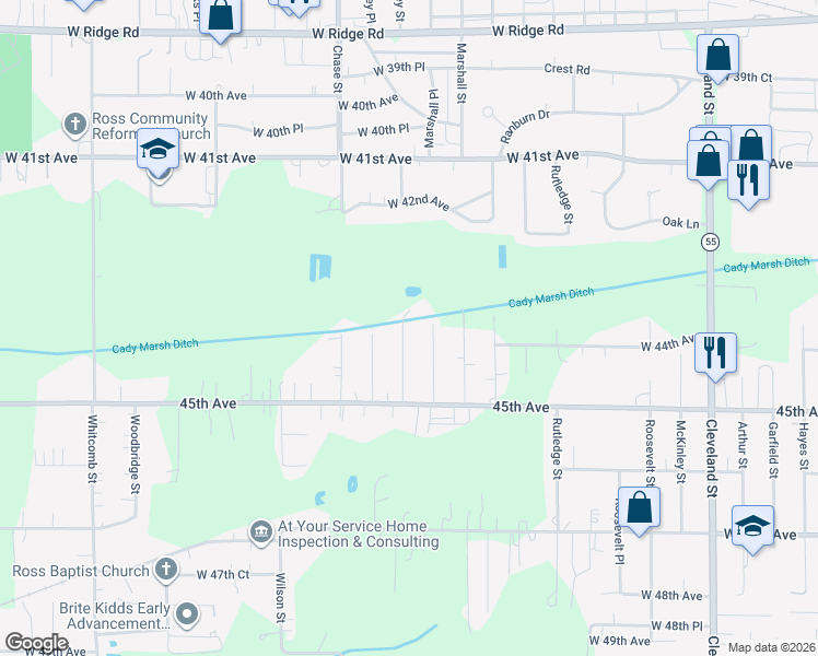 map of restaurants, bars, coffee shops, grocery stores, and more near 4368 Marshall Place in Gary