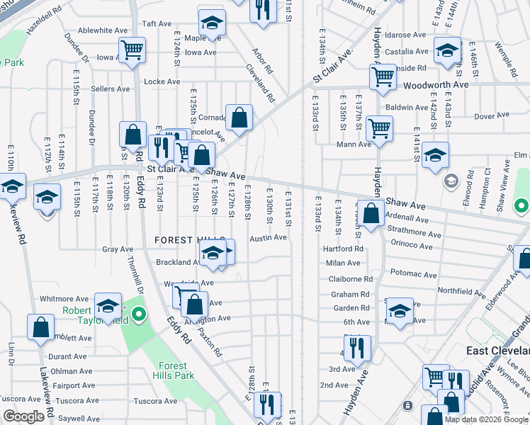 map of restaurants, bars, coffee shops, grocery stores, and more near 645 East 128th Street in Cleveland