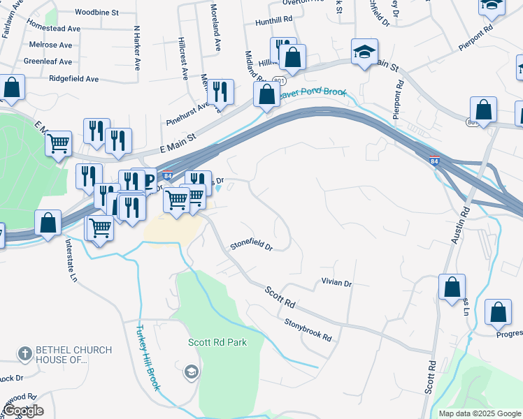 map of restaurants, bars, coffee shops, grocery stores, and more near 193 Stonefield Drive in Waterbury