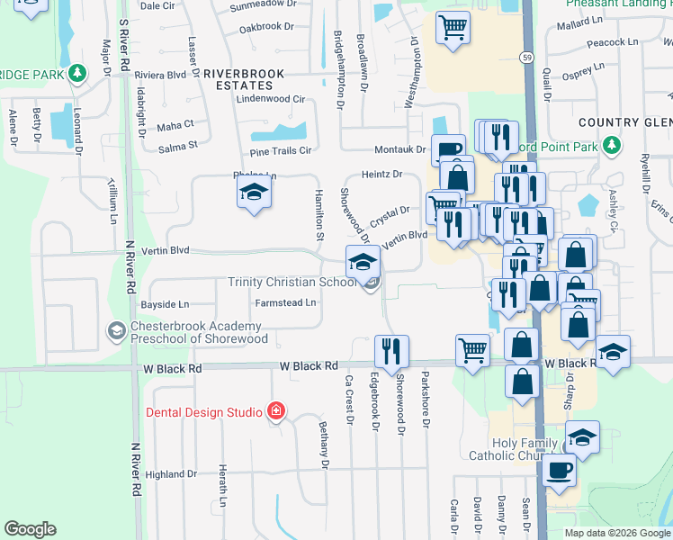 map of restaurants, bars, coffee shops, grocery stores, and more near 807 Vertin Boulevard in Shorewood