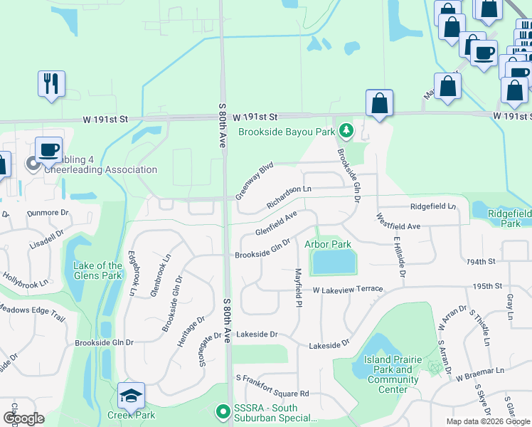map of restaurants, bars, coffee shops, grocery stores, and more near 7907 Richardson Lane in Tinley Park