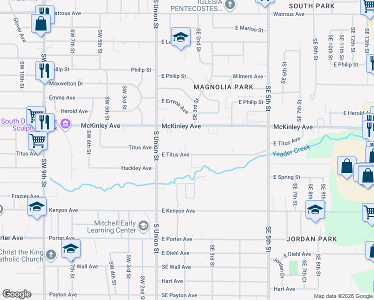 map of restaurants, bars, coffee shops, grocery stores, and more near 120 East Titus Avenue in Des Moines