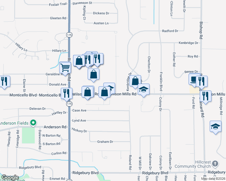 map of restaurants, bars, coffee shops, grocery stores, and more near 5249 Wilson Mills Road in Richmond Heights