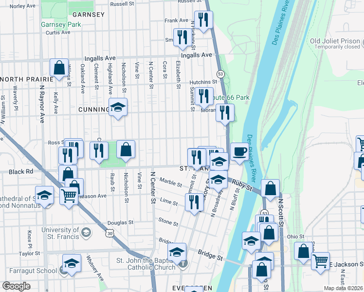 map of restaurants, bars, coffee shops, grocery stores, and more near 822 Elizabeth Street in Joliet