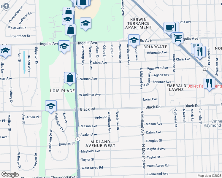 map of restaurants, bars, coffee shops, grocery stores, and more near 909 Plaza Drive in Joliet