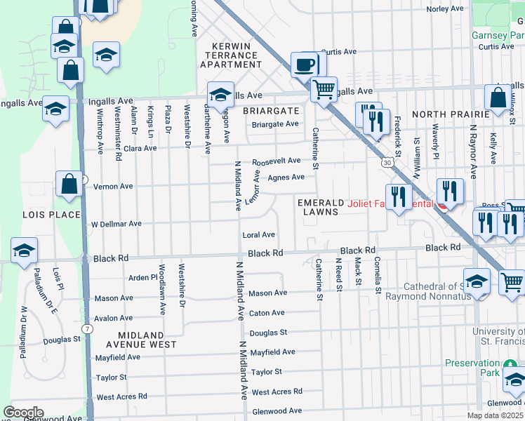 map of restaurants, bars, coffee shops, grocery stores, and more near 1303 West Dellmar Avenue in Joliet