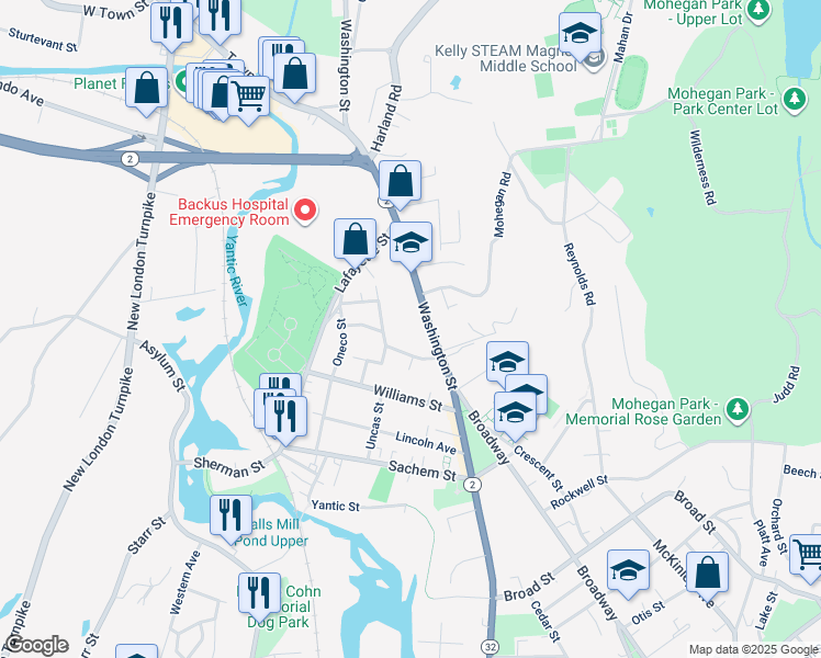 map of restaurants, bars, coffee shops, grocery stores, and more near 268 Washington Street in Norwich