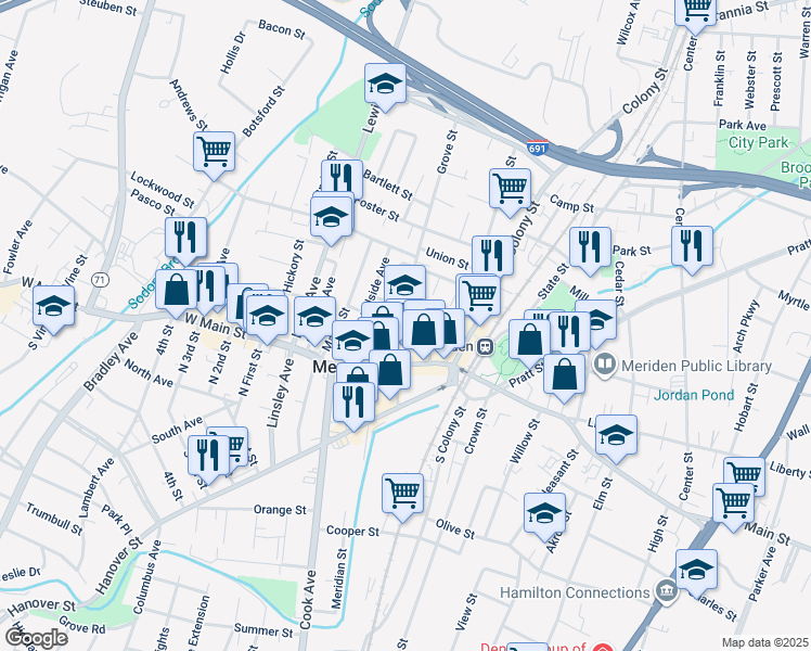 map of restaurants, bars, coffee shops, grocery stores, and more near 43 Church Street in Meriden