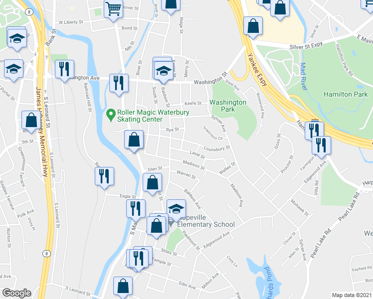 map of restaurants, bars, coffee shops, grocery stores, and more near 35 Laval Street in Waterbury