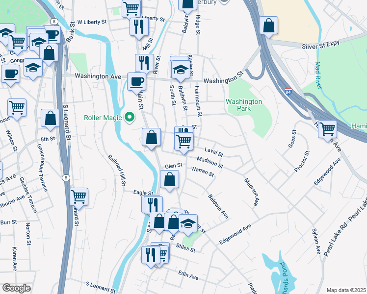 map of restaurants, bars, coffee shops, grocery stores, and more near 955 Baldwin Street in Waterbury