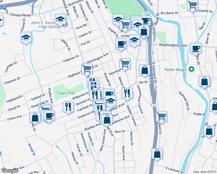 map of restaurants, bars, coffee shops, grocery stores, and more near 70 Francis Street in Waterbury