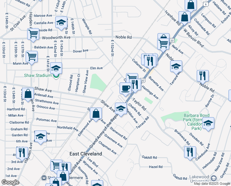 map of restaurants, bars, coffee shops, grocery stores, and more near 1754 Taylor Road in East Cleveland