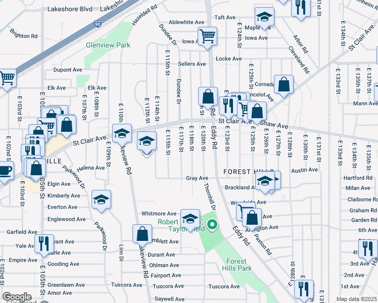 map of restaurants, bars, coffee shops, grocery stores, and more near 646 East 118th Street in Cleveland