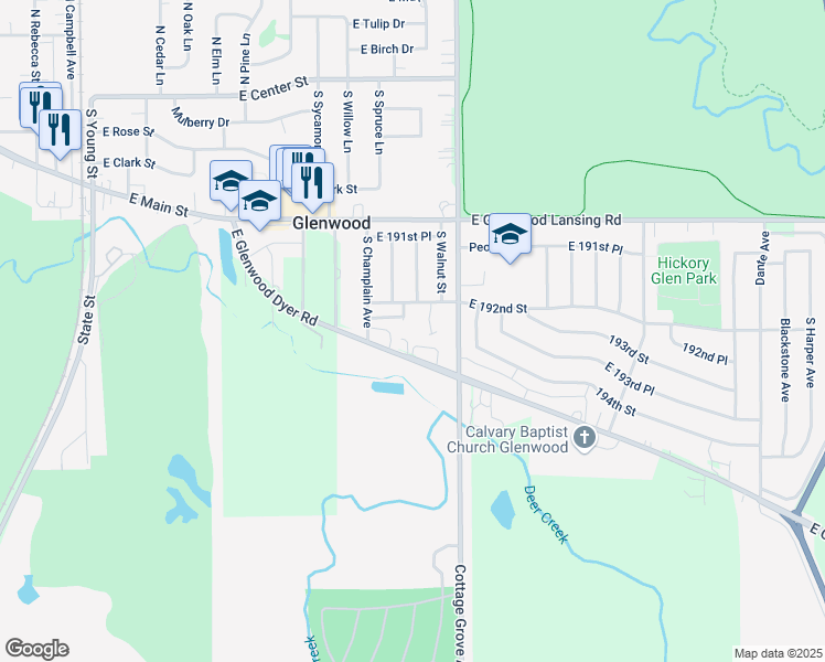 map of restaurants, bars, coffee shops, grocery stores, and more near 406 Hickory Ridge in Glenwood