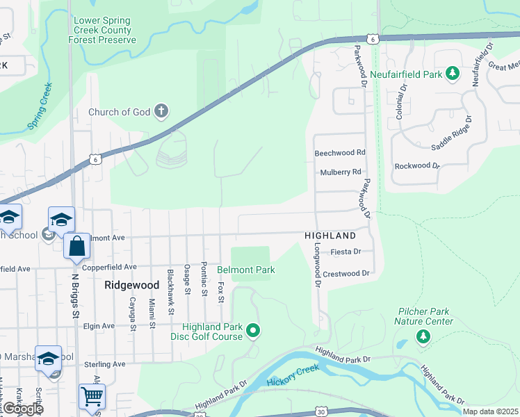 map of restaurants, bars, coffee shops, grocery stores, and more near 2023 Tamarack Drive in Joliet