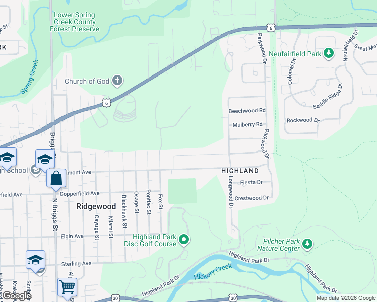 map of restaurants, bars, coffee shops, grocery stores, and more near 2023 Tamarack Drive in Joliet