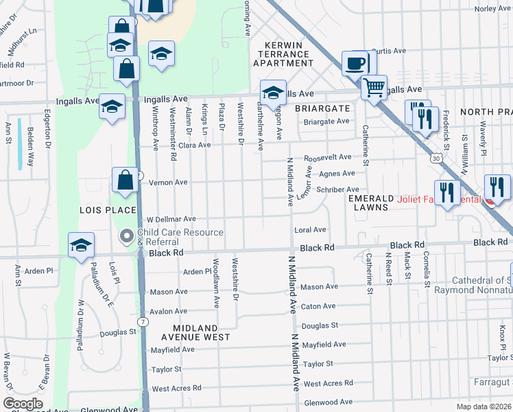 map of restaurants, bars, coffee shops, grocery stores, and more near 908 Barthelme Avenue in Joliet