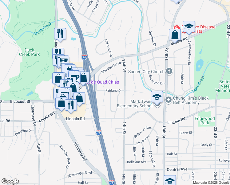map of restaurants, bars, coffee shops, grocery stores, and more near 1303 Fairlane Drive in Bettendorf