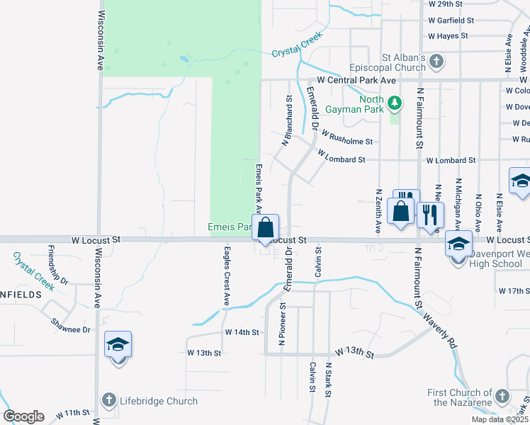 map of restaurants, bars, coffee shops, grocery stores, and more near 2002 Emerald Drive in Davenport
