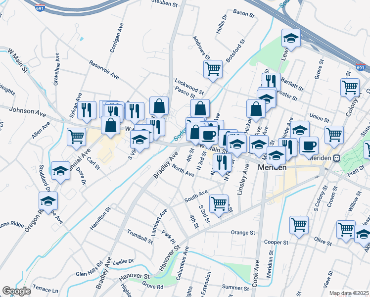 map of restaurants, bars, coffee shops, grocery stores, and more near 14 Bradley Avenue in Meriden