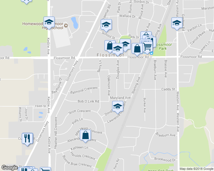 map of restaurants, bars, coffee shops, grocery stores, and more near 1238 Oakmont Avenue in Flossmoor