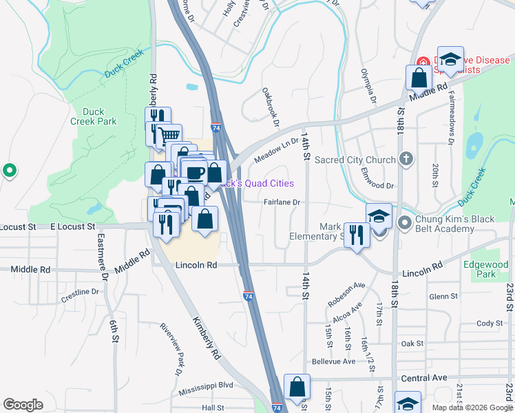 map of restaurants, bars, coffee shops, grocery stores, and more near 1536 Parklane Drive in Bettendorf