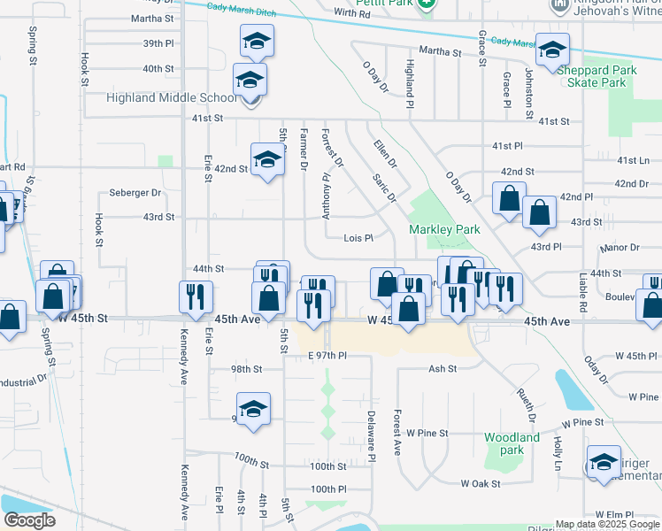 map of restaurants, bars, coffee shops, grocery stores, and more near 3048 Farmer Drive in Highland