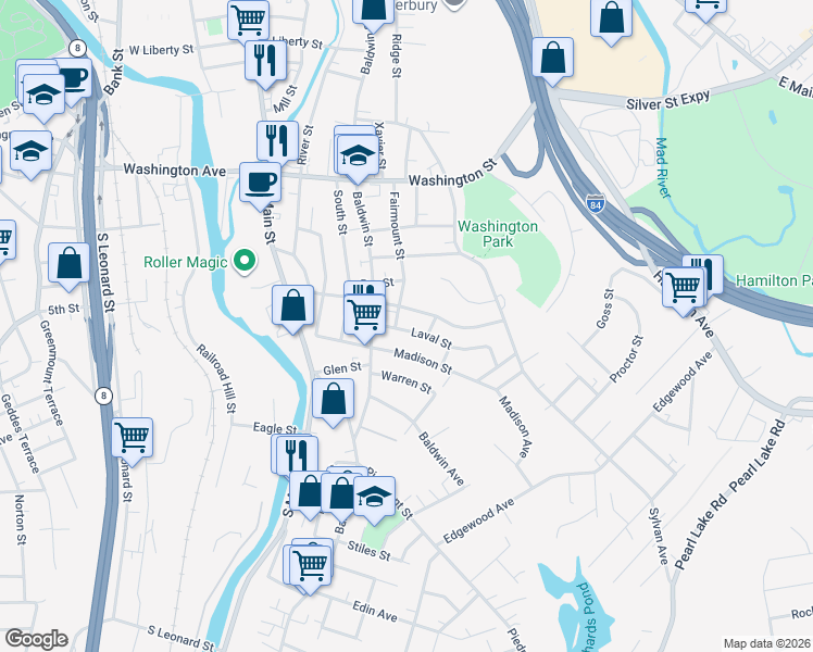 map of restaurants, bars, coffee shops, grocery stores, and more near 35 Laval Street in Waterbury