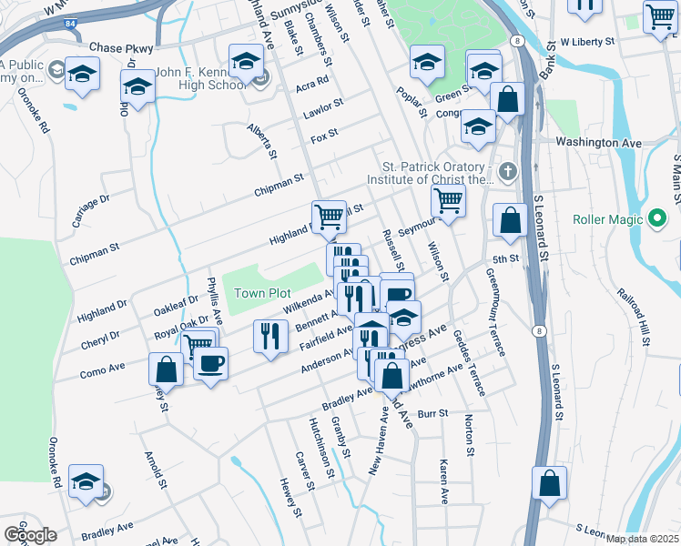 map of restaurants, bars, coffee shops, grocery stores, and more near 676 Highland Avenue in Waterbury