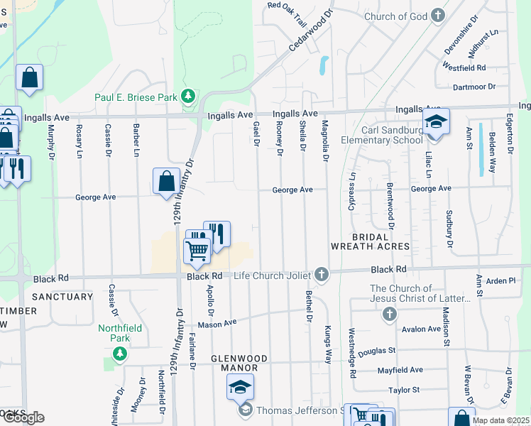 map of restaurants, bars, coffee shops, grocery stores, and more near 918 Gael Drive in Joliet