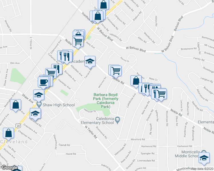 map of restaurants, bars, coffee shops, grocery stores, and more near 16001 Nelamere Road in East Cleveland