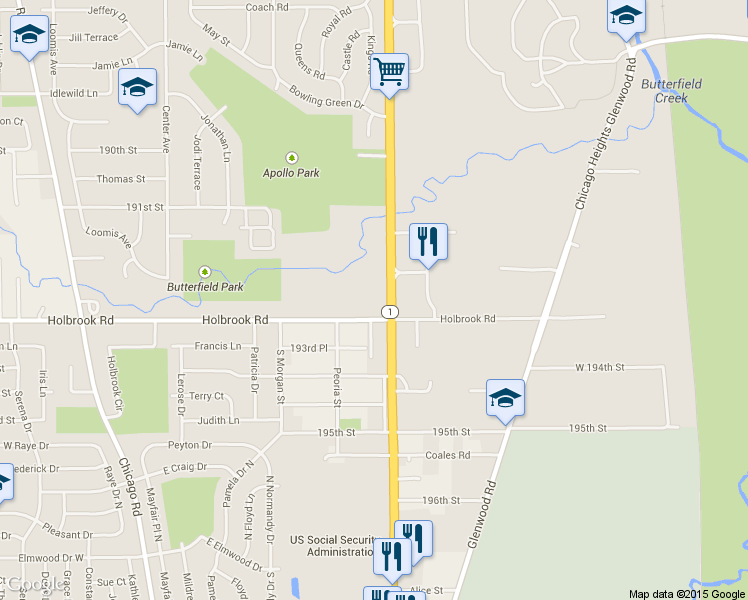 map of restaurants, bars, coffee shops, grocery stores, and more near 19260 South Halsted Street in Homewood
