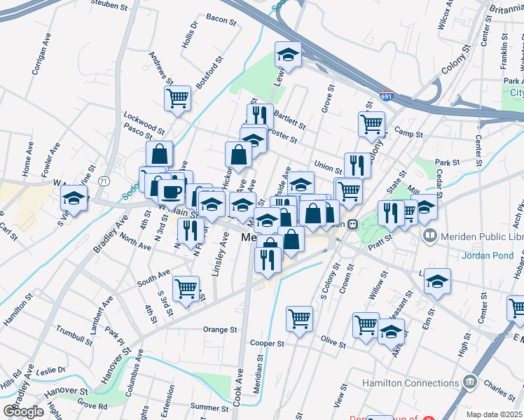 map of restaurants, bars, coffee shops, grocery stores, and more near 43 Maple Street in Meriden