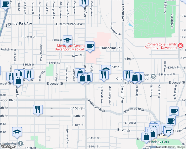 map of restaurants, bars, coffee shops, grocery stores, and more near 1937 College Avenue in Davenport