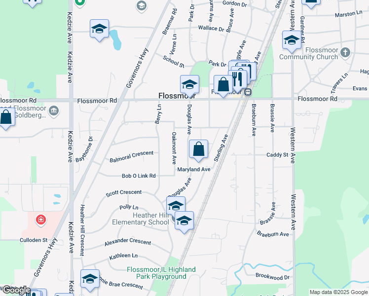map of restaurants, bars, coffee shops, grocery stores, and more near 1238 Douglas Avenue in Flossmoor