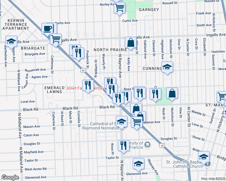 map of restaurants, bars, coffee shops, grocery stores, and more near 868 Ross Street in Joliet