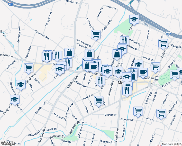 map of restaurants, bars, coffee shops, grocery stores, and more near 288 West Main Street in Meriden