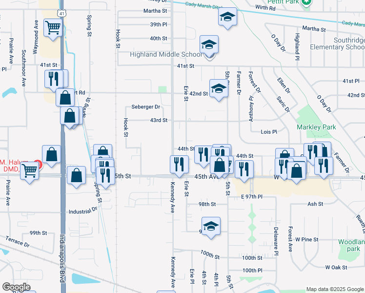 map of restaurants, bars, coffee shops, grocery stores, and more near 9550 Erie Street in Highland