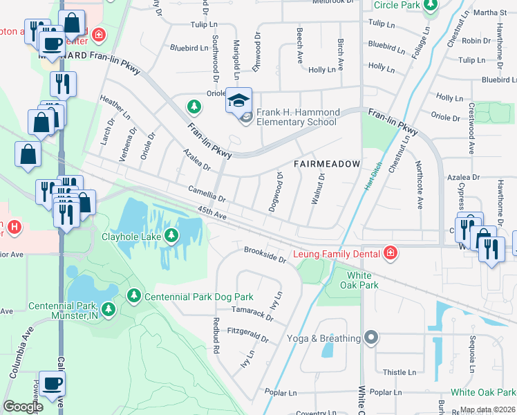 map of restaurants, bars, coffee shops, grocery stores, and more near 9600 Dogwood Drive in Munster