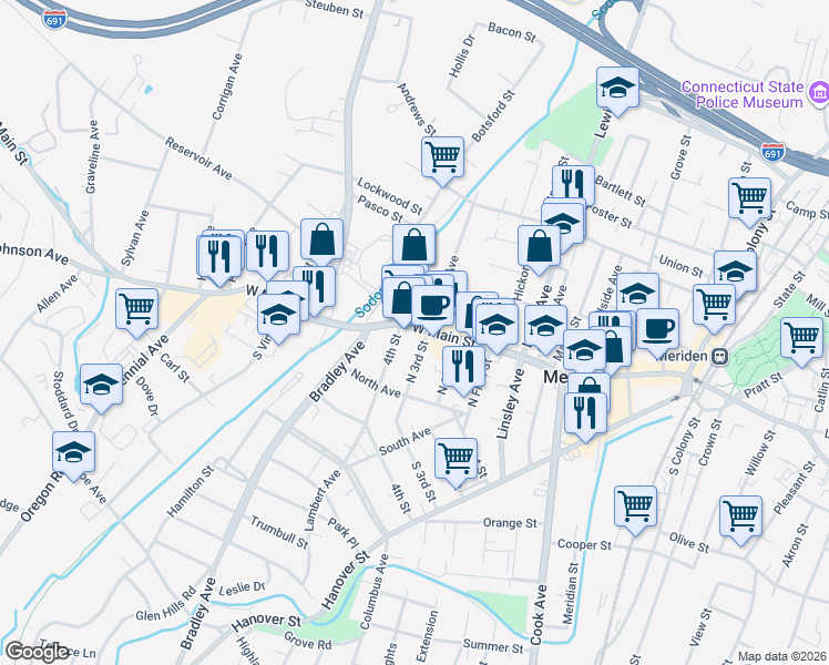map of restaurants, bars, coffee shops, grocery stores, and more near 288 West Main Street in Meriden
