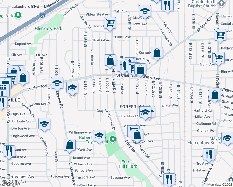 map of restaurants, bars, coffee shops, grocery stores, and more near 646 East 123rd Street in Cleveland
