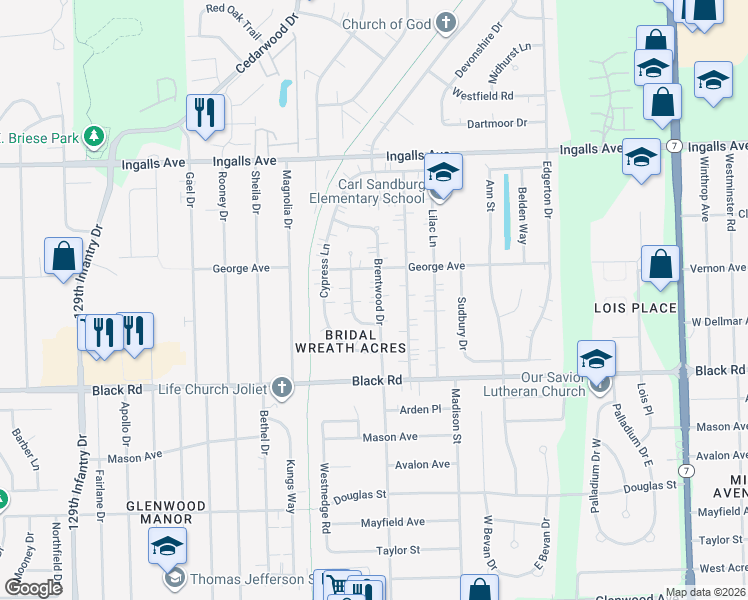 map of restaurants, bars, coffee shops, grocery stores, and more near 909 Brentwood Drive in Joliet