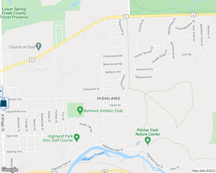 map of restaurants, bars, coffee shops, grocery stores, and more near 2205 Tamarack Drive in Joliet