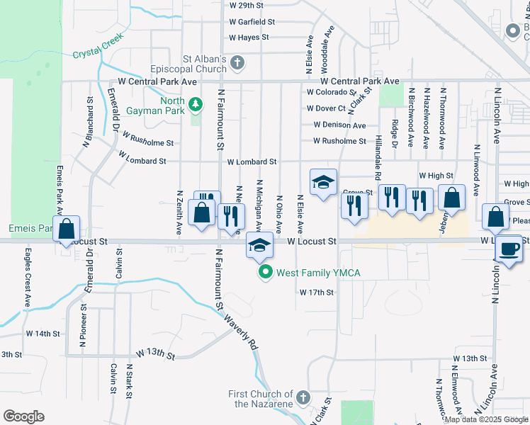 map of restaurants, bars, coffee shops, grocery stores, and more near 2003 North Michigan Avenue in Davenport