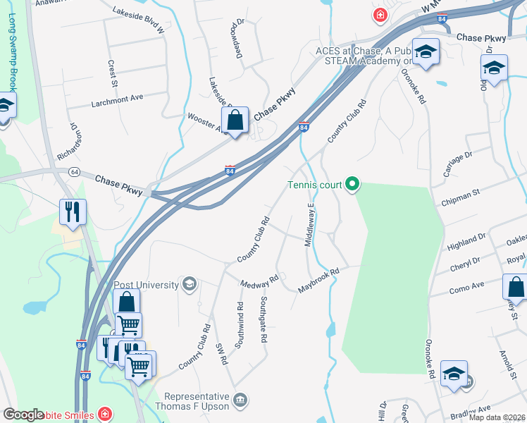 map of restaurants, bars, coffee shops, grocery stores, and more near 530 Country Club Road in Waterbury