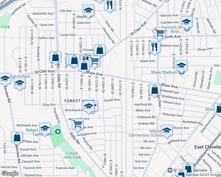 map of restaurants, bars, coffee shops, grocery stores, and more near 648 East 130th Street in Cleveland