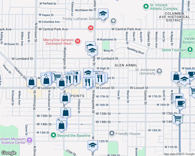 map of restaurants, bars, coffee shops, grocery stores, and more near 1252 West Pleasant Street in Davenport